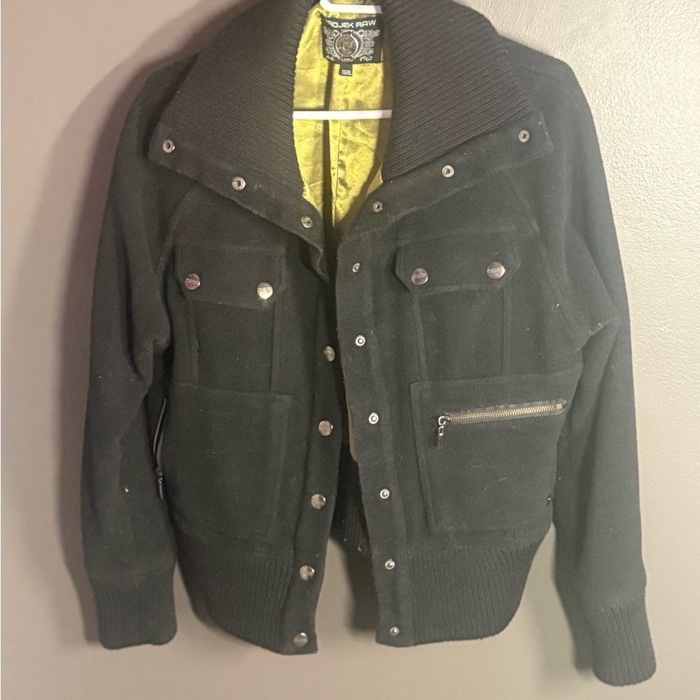 Black Bomber Jacket with Silver and Green Accents